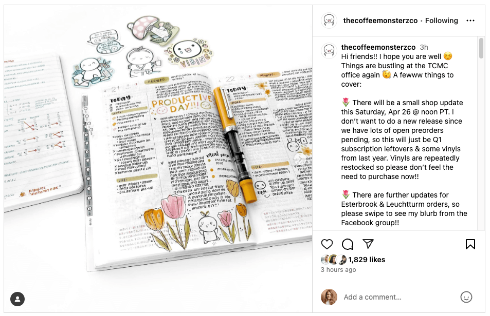 The Coffee Monsterz Co organic Instagram post featuring an open planner with notes and drawings and stickers above it