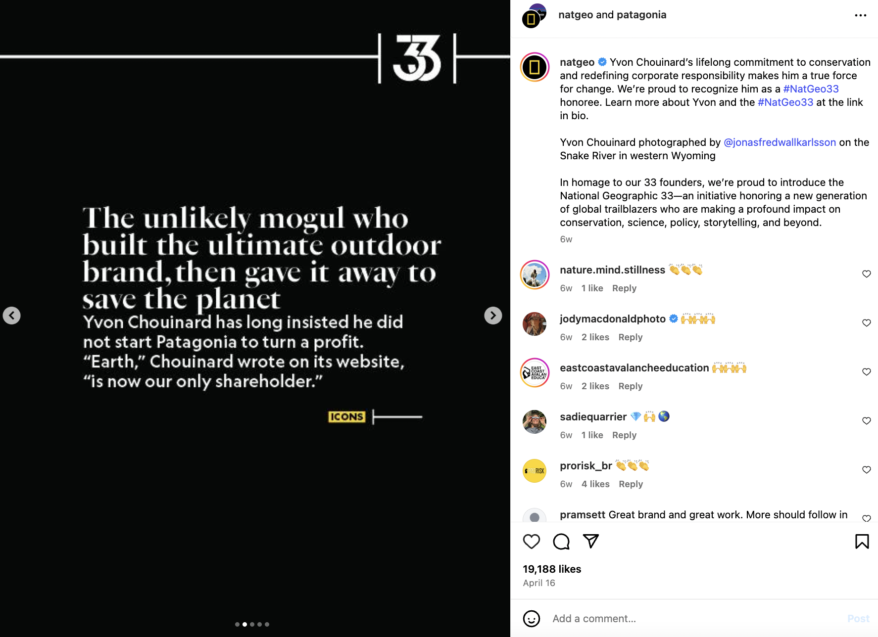 Instagram carousel post from Patagonia showing a slide with text that describes the story of the brand's founder