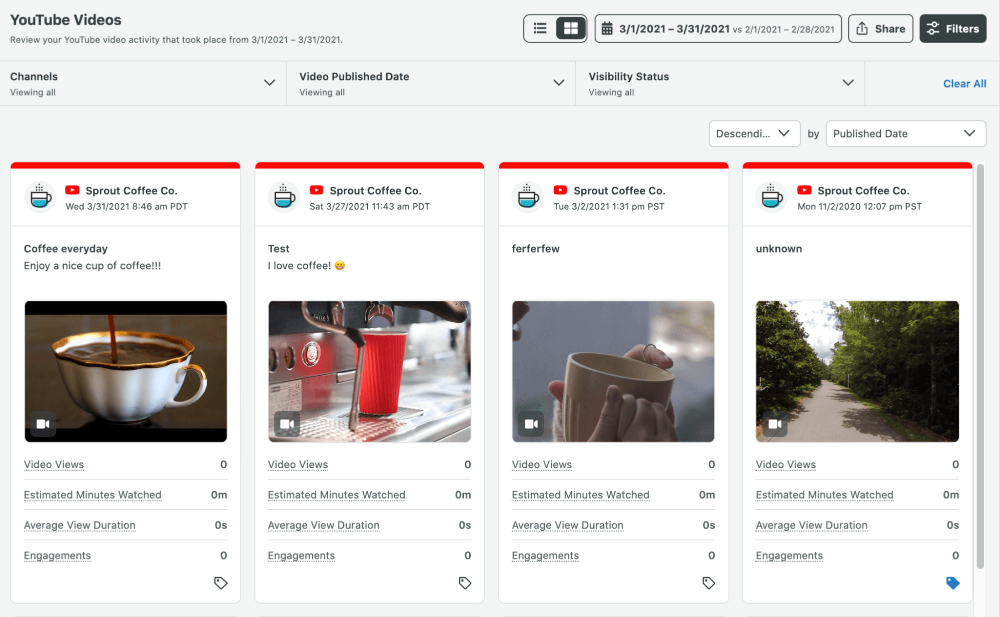 Sprout’s YouTube Videos dashboard for Sprout Coffee, analyzing performance for four videos, like views and minutes watched 