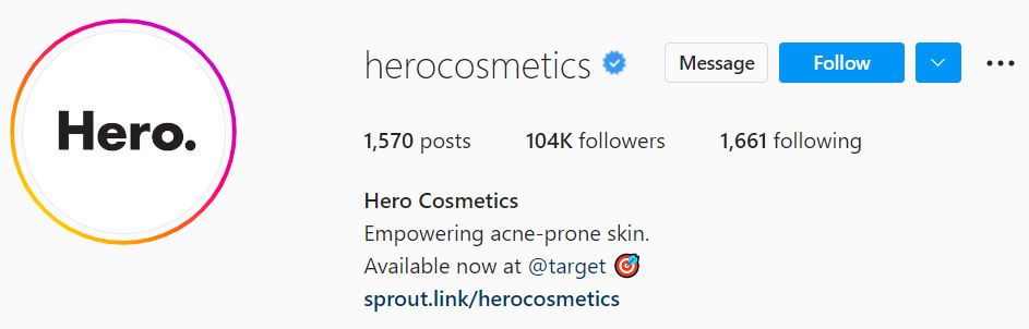 @herocosmetics’s Instagram bio section describing their products as empowering acne-prone skin