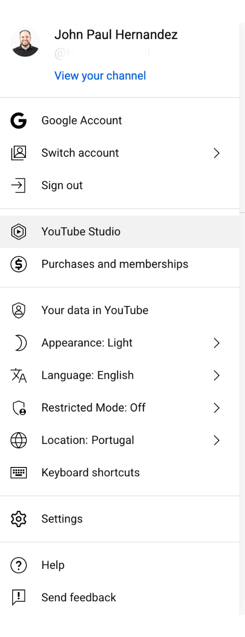 A YouTube menu with the YouTube Studio tab highlighted