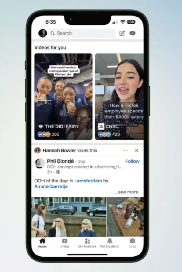 Mobile version of LinkedIn’s “Videos for You” section, showing short-form vertical videos with titles, creators, and engagement counts, highlighting LinkedIn’s new vertical video experience.
