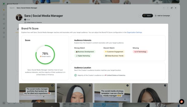 The Sprout Social Influencer Marketing interface featuring a prominent Brand Fit Score metric