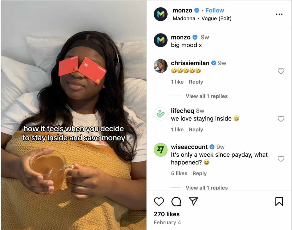 An Instagram Reel from Monzo Bank that features a member of their social team staying in for the night with two Monzo cards covering their eyes