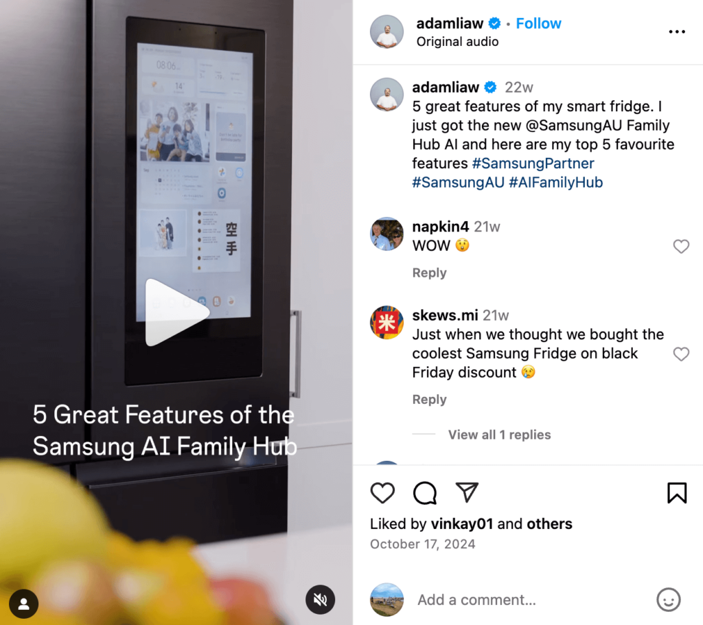 An Instagram post from influencer Chef Adam Liaw about the Samsung Smart Fridge