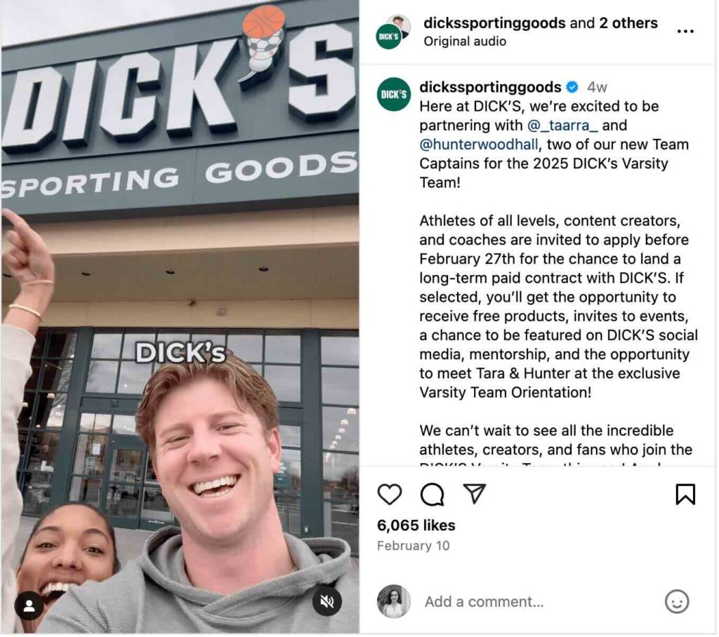 An Instagram Reel featuring two of Dick's Sporting Goods Varsity Team captains explaining how their partnership works and how other creators can apply