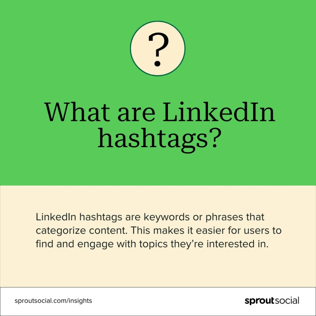 Card defining Linkedin Hashtags. It says "LinkedIn hashtags are keywords or phrases that categorize content. This makes it easier for users to find and engage with topics they’re interested in."