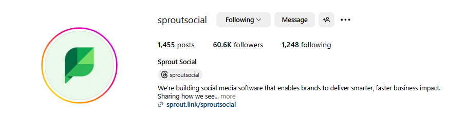 Sprout's Instagram header showing follower count.