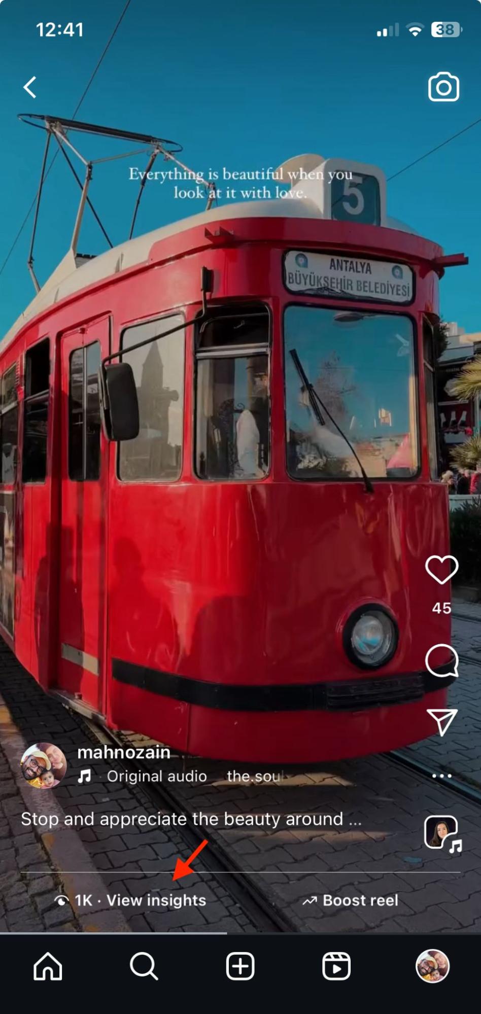 View insights at the bottom of an Instagram Reel