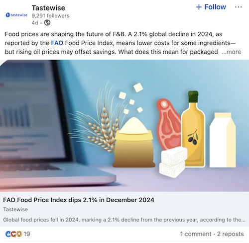 Tastewise LinkedIn content strategy example, sharing a thought leadership and industry piece.
