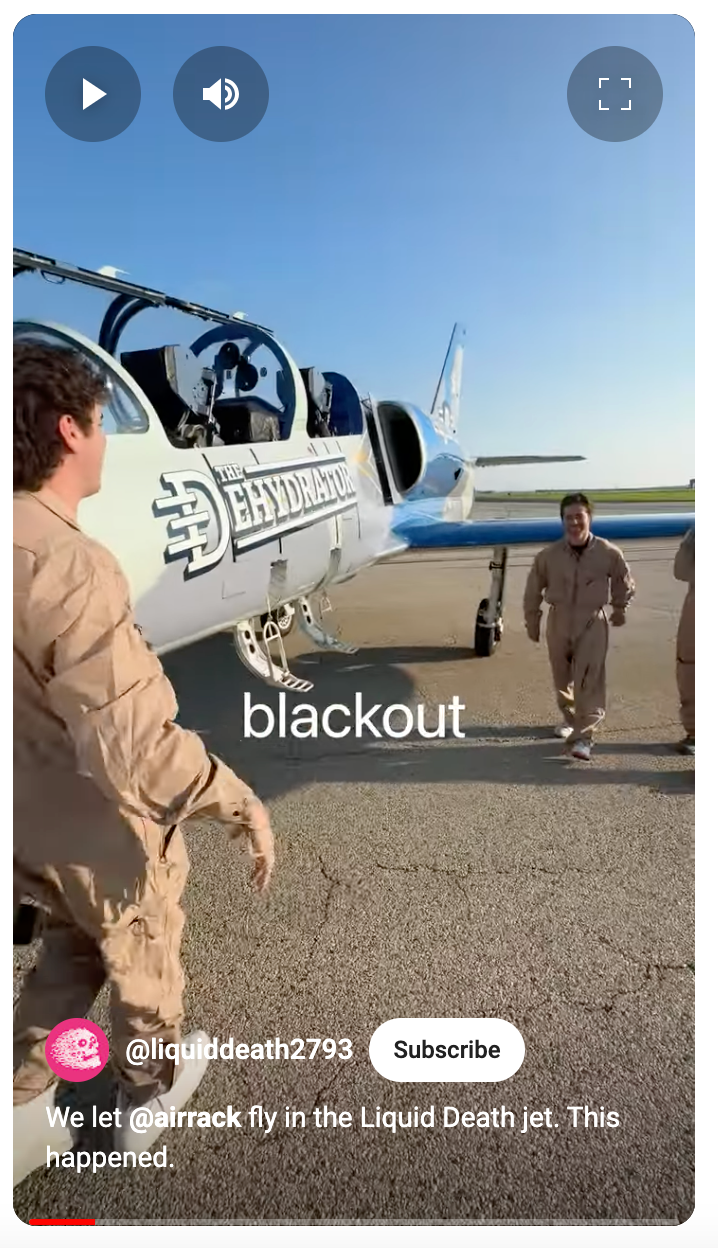 YouTube Short from Liquid Death featuring YouTuber Airrack flying the brand's jet. 