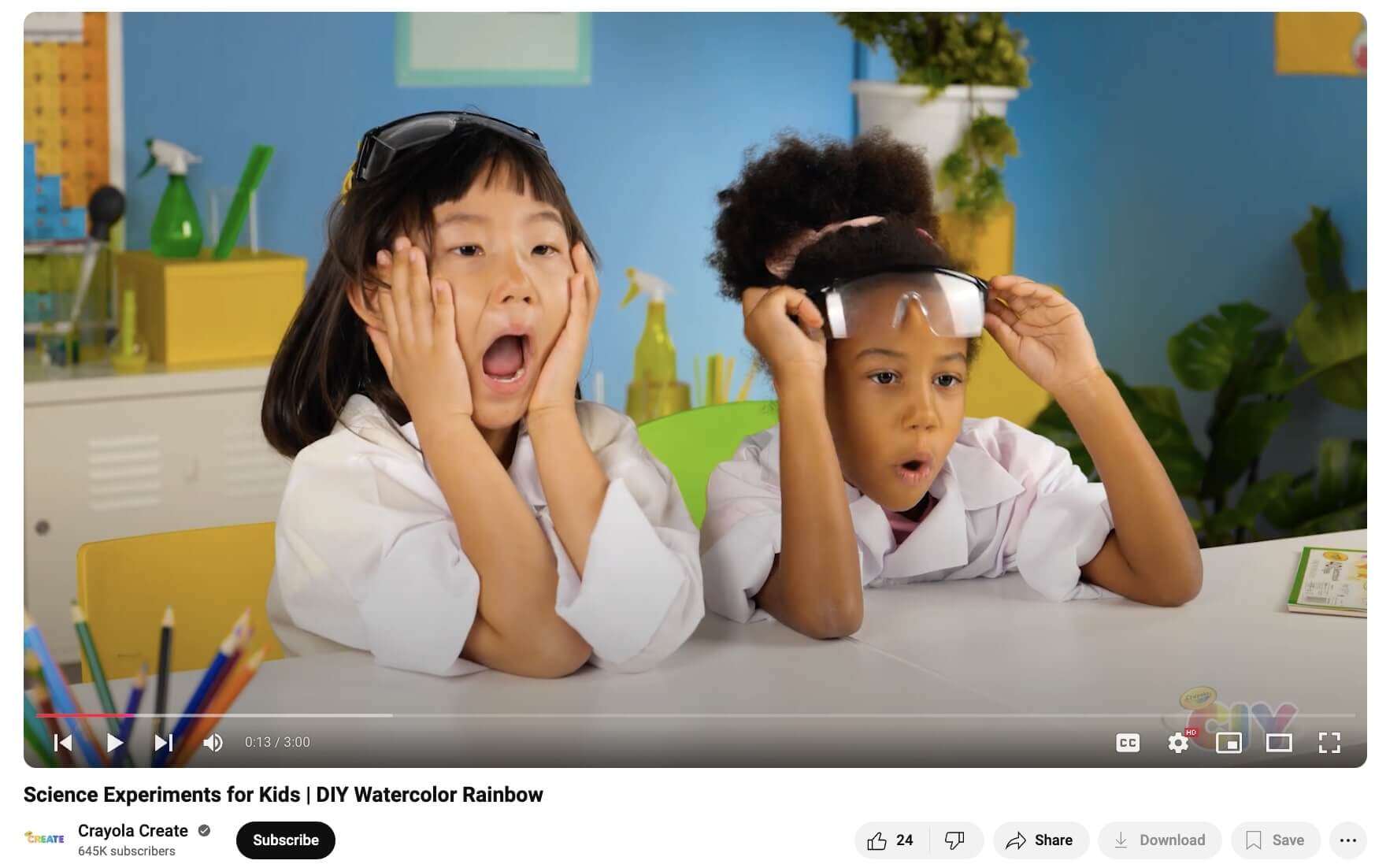 A video from Crayola's YouTube channel that showcases how you can use their products for DIY science experiments for kids