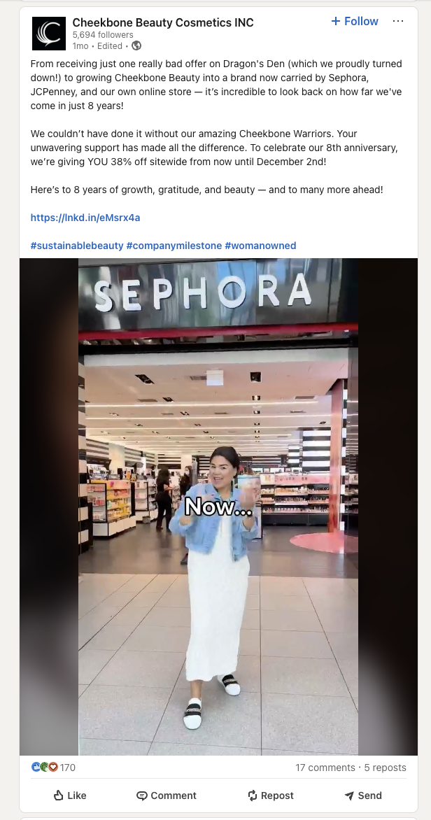 Cheekbone Beauty LinkedIn post sharing the brand's history and milestones. 