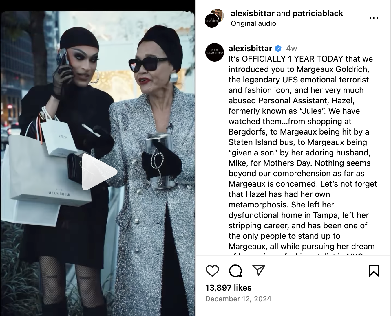 An Instagram Reel from Alexis Bittar celebrating the one-year anniversary of Margeaux and Jules