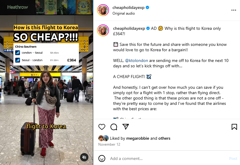 An Instagram post that shows CheapHolidayExp partnership with South Korea on a travel campaign targeting the UK market