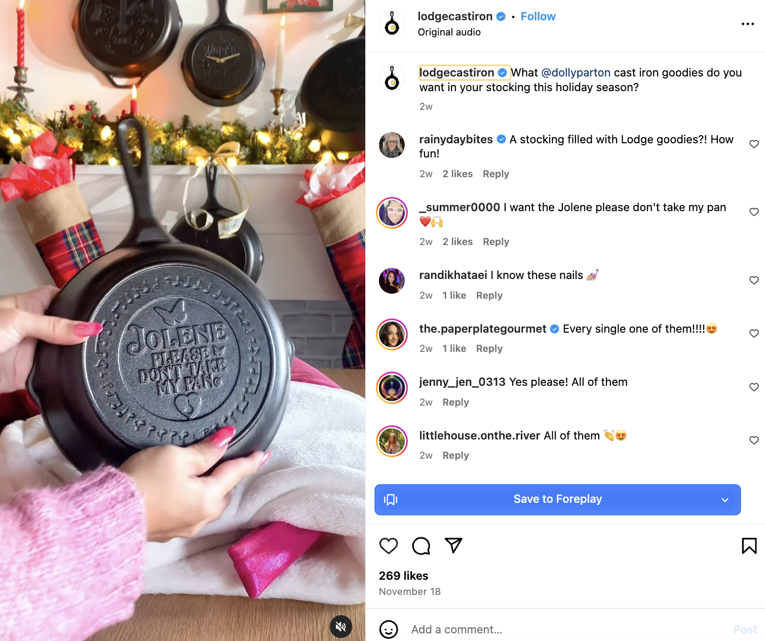 Instagram post from Lodge Cast Iron showing a person holding a cast iron from the new Dolly parton collection