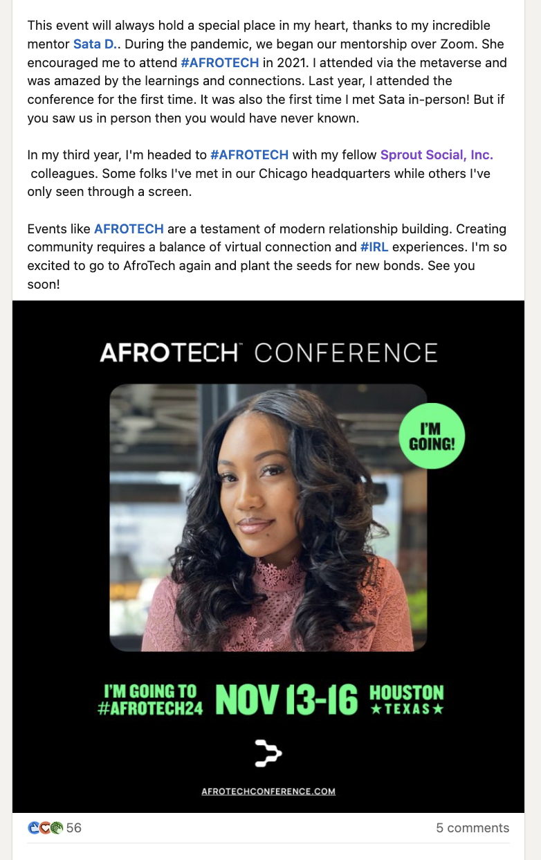 LinkedIn post from Senior Content Specialist Jamia Kenan sharing how her mentor introduced her to AfroTech™.