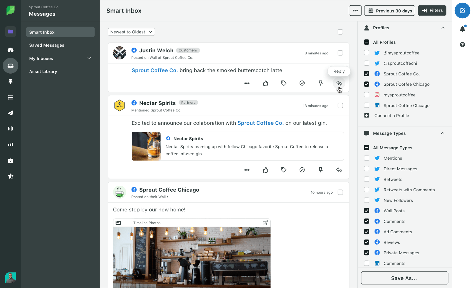 Screenshot of the sprout social smart inbox for facebook