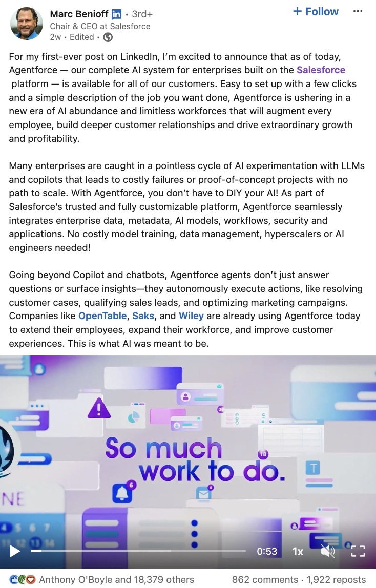 A LinkedIn post from Salesforce's CEO about the launch of Agentforce.