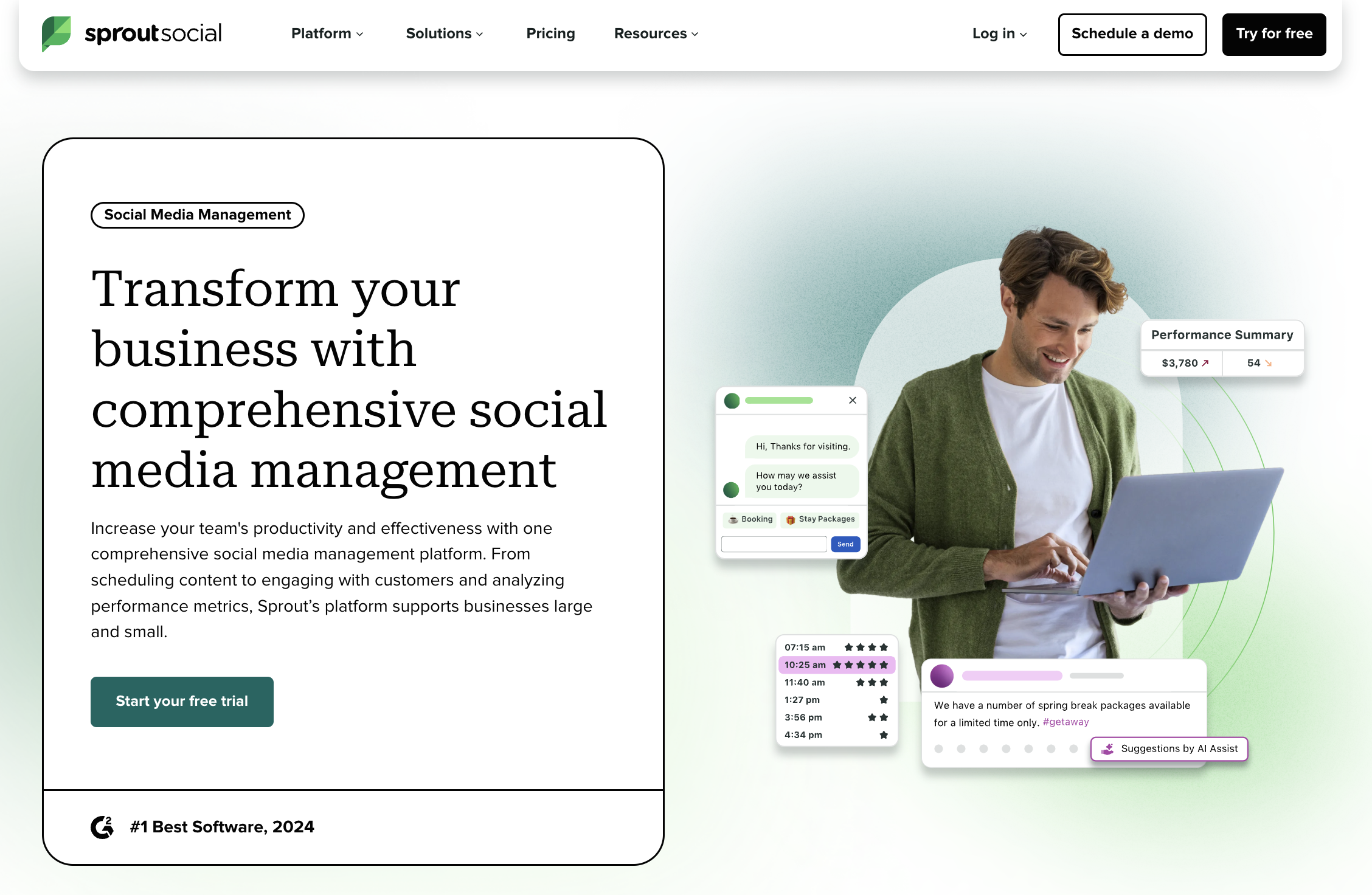 Screenshot of Sprout Social's social media management solutions page, which states Sprout can help "Transform your business with comprehensive social media management".