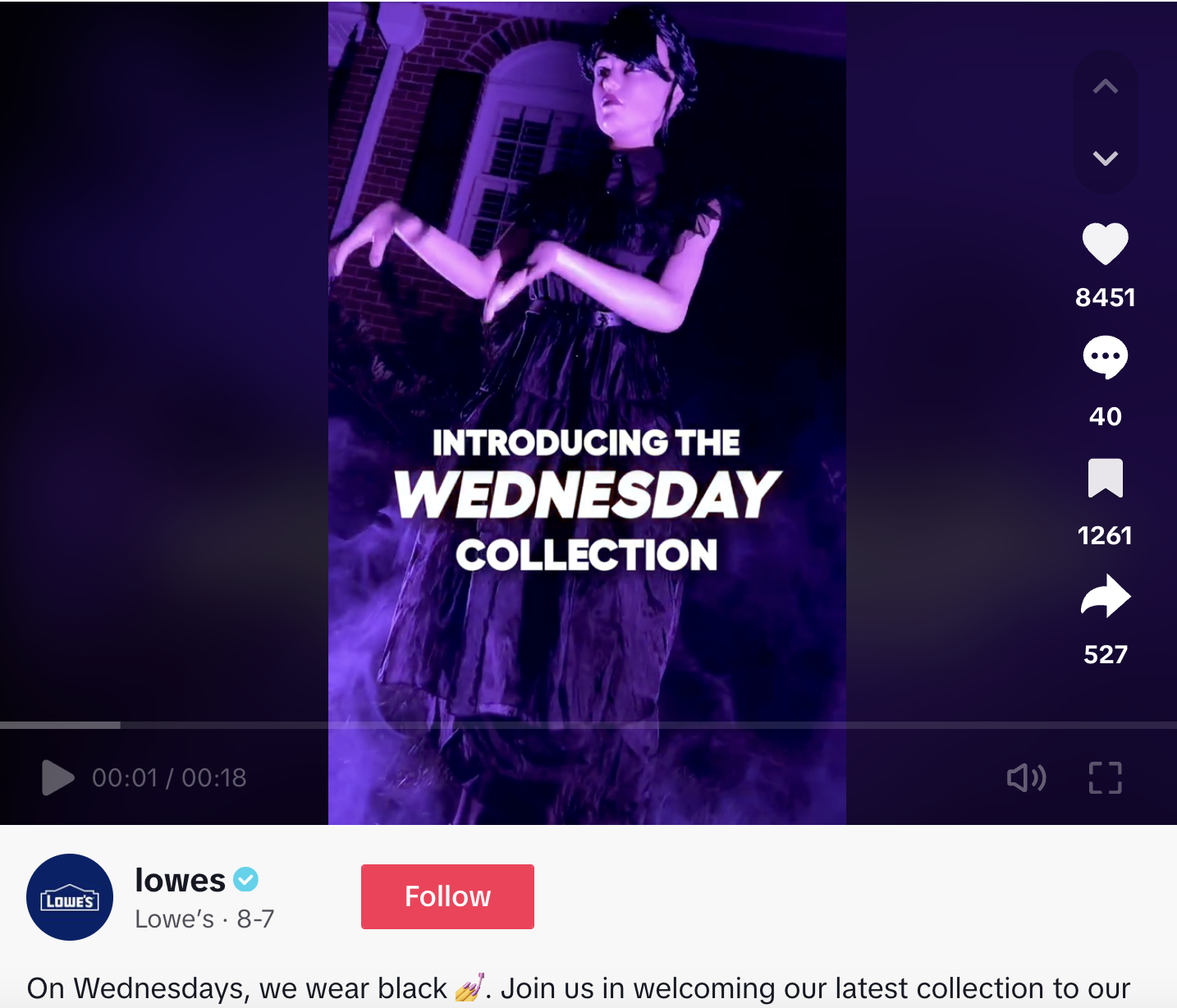 A TikTok unveiling Lowe's Halloween Wednesday collection