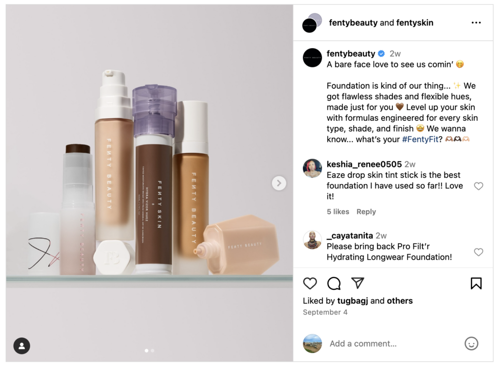 Fenty Beauty Instagram post with comments that show how its target audience feels about its products.