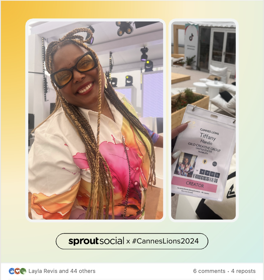 A Sprout Social LinkedIn post featuring Tiffany Hardin at the Cannes Lions Festival