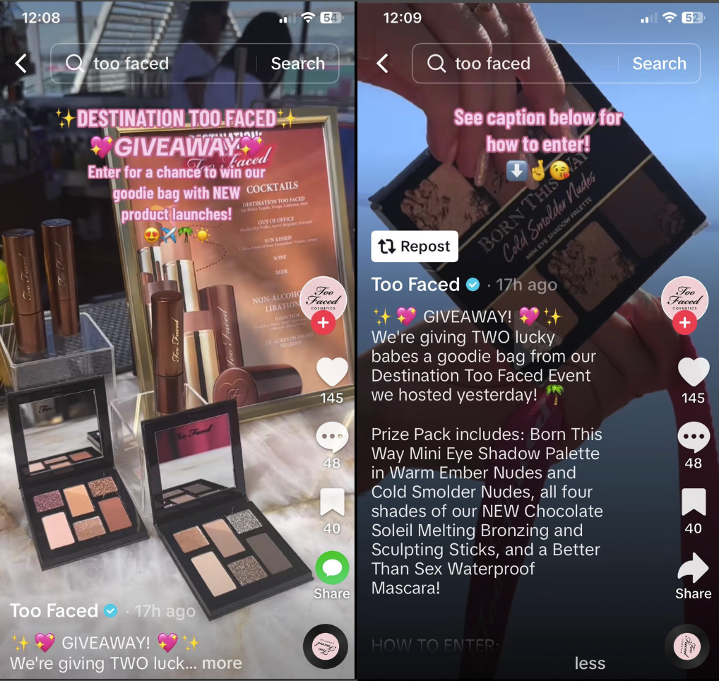 screenshot example of brand Two Face's TikTok promotion of a social media giveaway