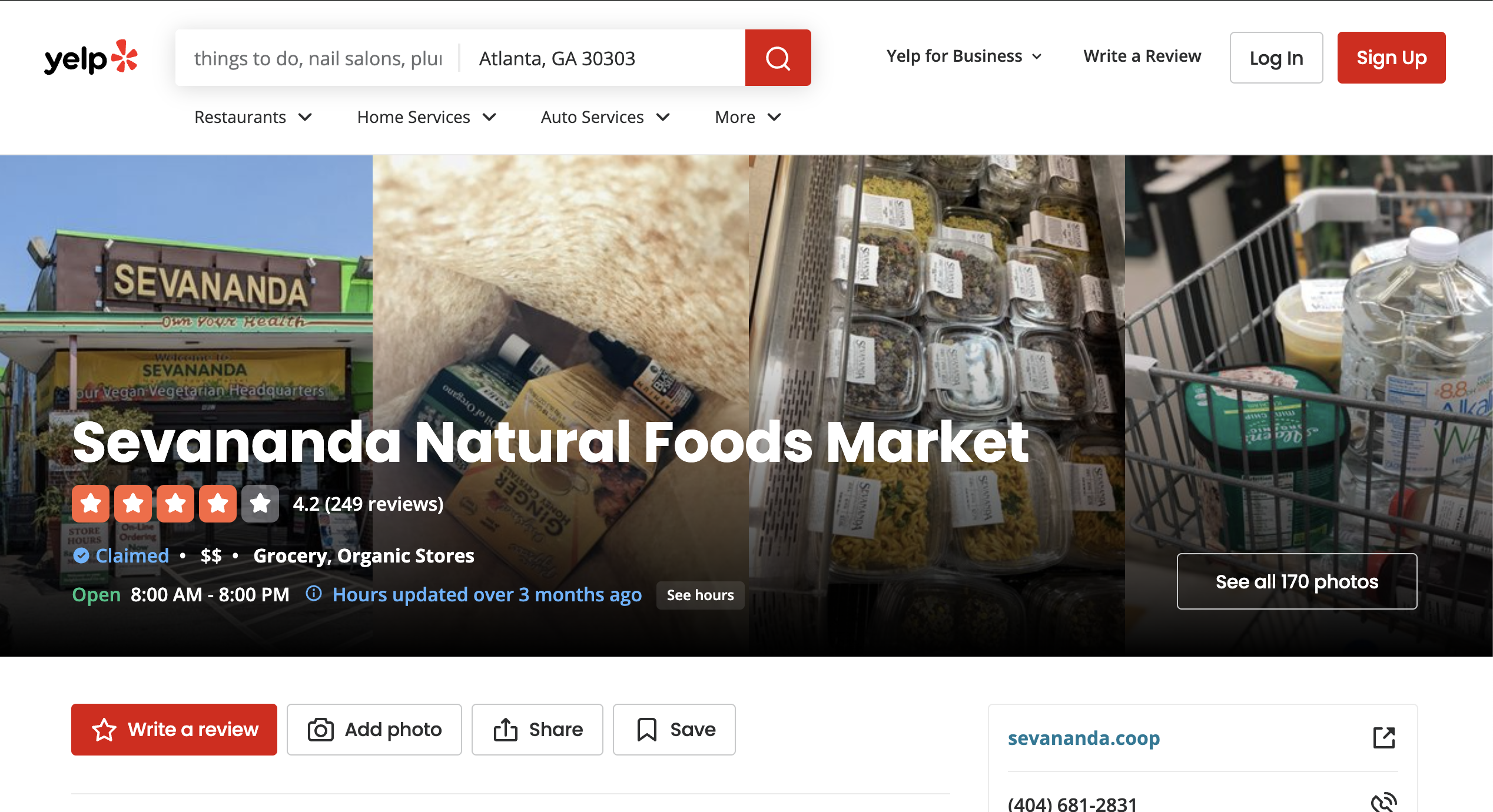 Sevananda Natural Foods Market's Yelp business page. The page includes customer reviews and contact information.