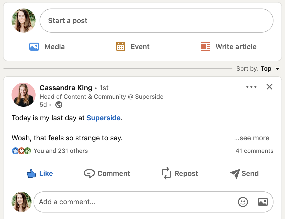 A screenshot of LinkedIn's feed