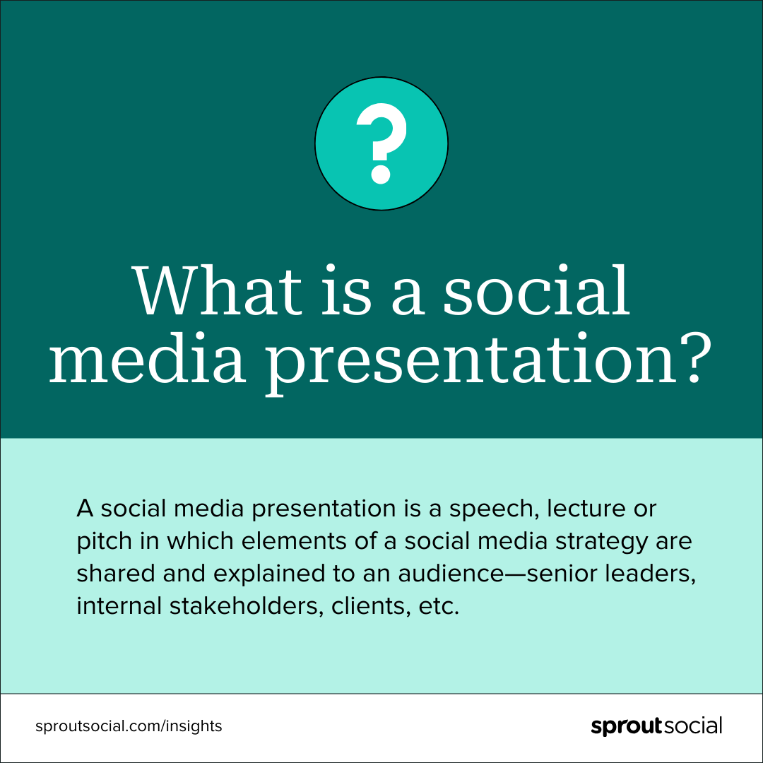 A text based graphic that says, "What is a social media presentation? A social media presentation is a speech, lecture or pitch in which elements of a social media strategy are shared and explained to an audience—senior leaders, internal stakeholders, clients, etc."