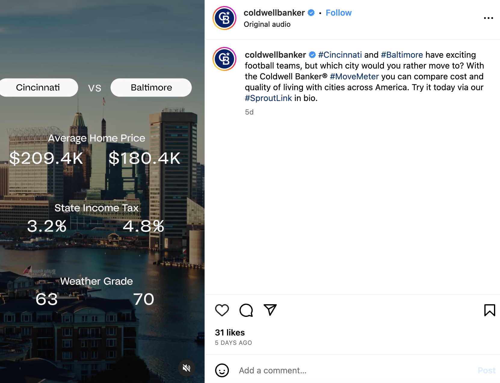 Instagram post from Coldwell Banker showing a comparison between Cincinnati and Baltimore and a caption that reads "Cincinnati and Baltimore have exciting football teams, but which city would you rather move to?"