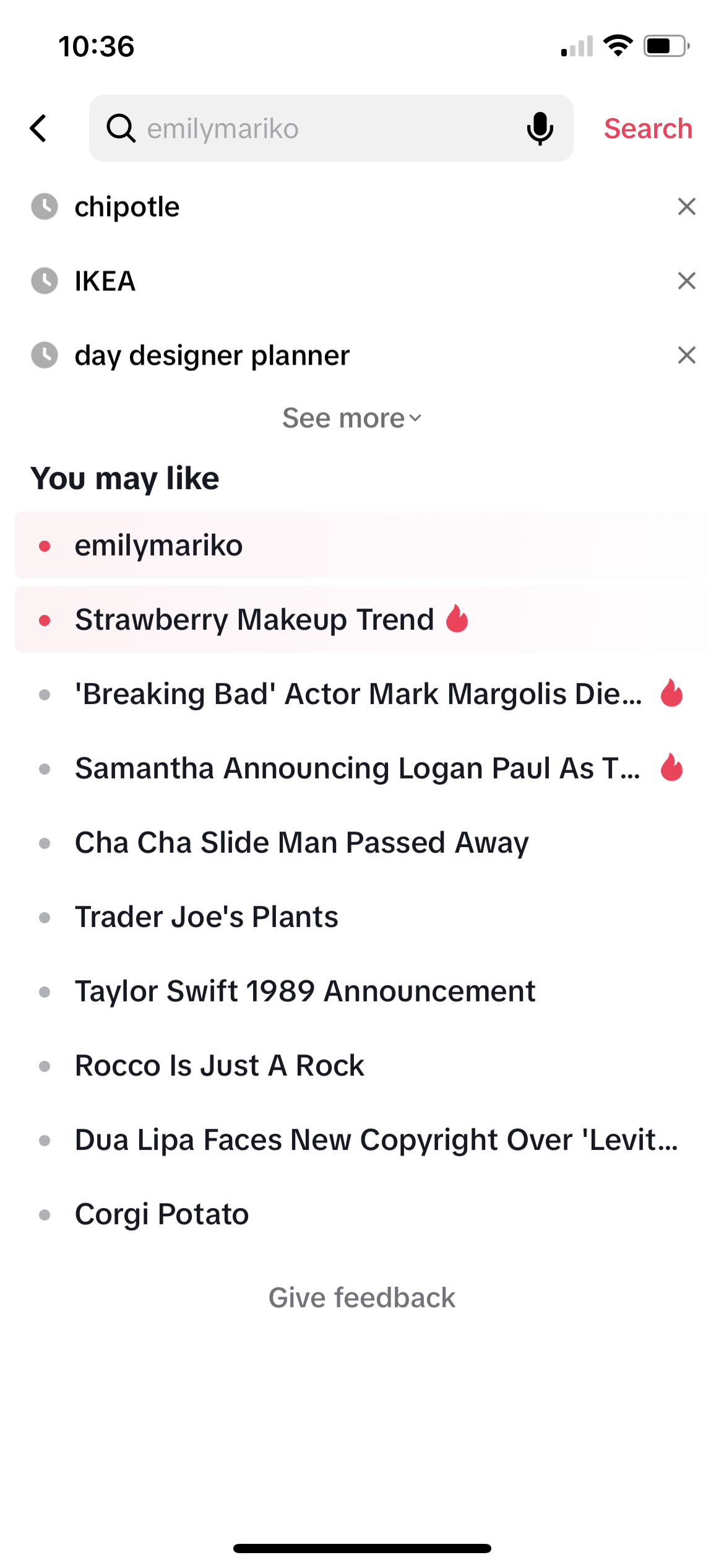 A screenshot of the search screen on the TikTok app