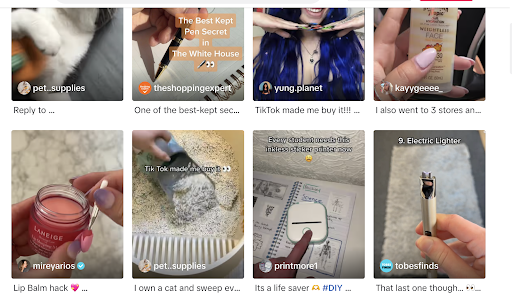 A screenshot of TikTok videos featured under the #TikTokMadeMeBuyIt hashtag