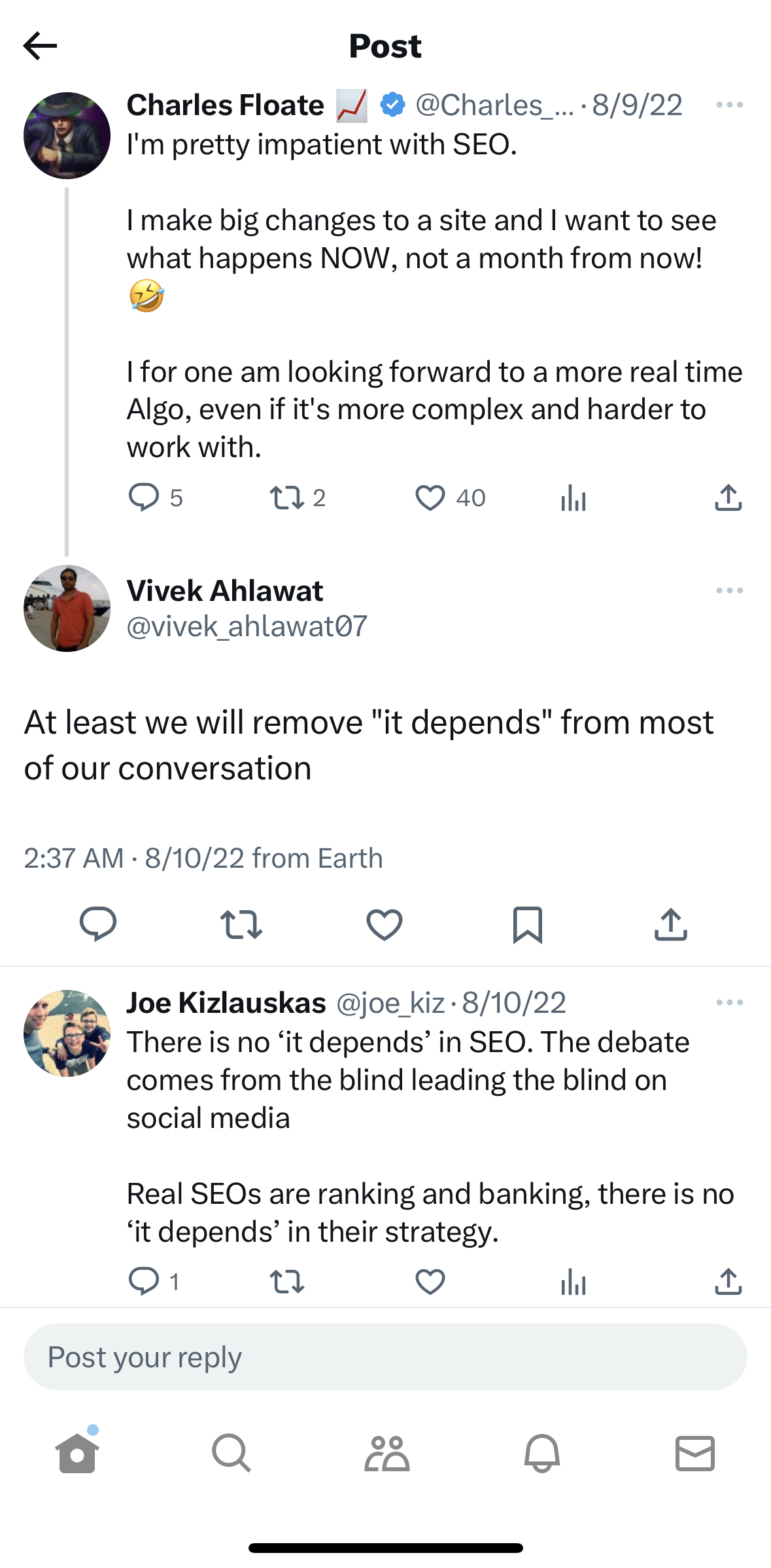 A thread on X (formerly known as Twitter) between several professionals discussing SEO strategies. The final comment notes SEO professionals are using strategy effectively, but misinformation on social media has led many marketers astray.