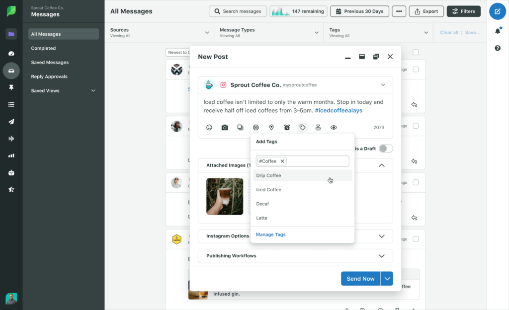 A screenshot of the tag selection dropdown in Sprout where a post is being composed within the Smart Inbox display.
