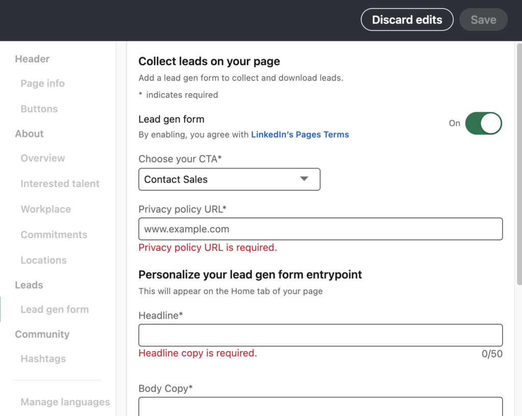 A screenshot of the lead generation form that you can toggle on and off of your LinkedIn page
