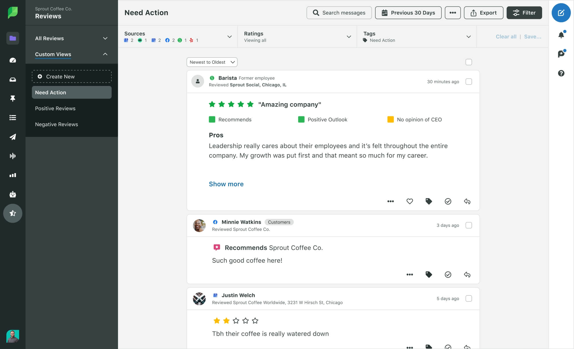 Screenshot of Sprout's review management features