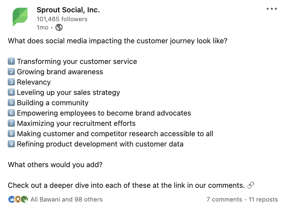 One of the link-in-comments test posts designed for our experiment. This LinkedIn post reads "what does social media impacting the customer journey look like?" and then lists 9 ways to impact the customer journey via social. The last sentence prompts users to dive deeper into the link in the comments.