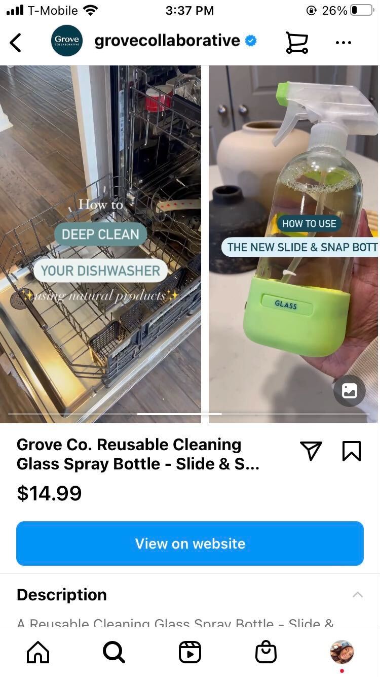 A portion of Grove Collaborative's Instagram Shop featuring a product tutorial video, price, description and link to website. 