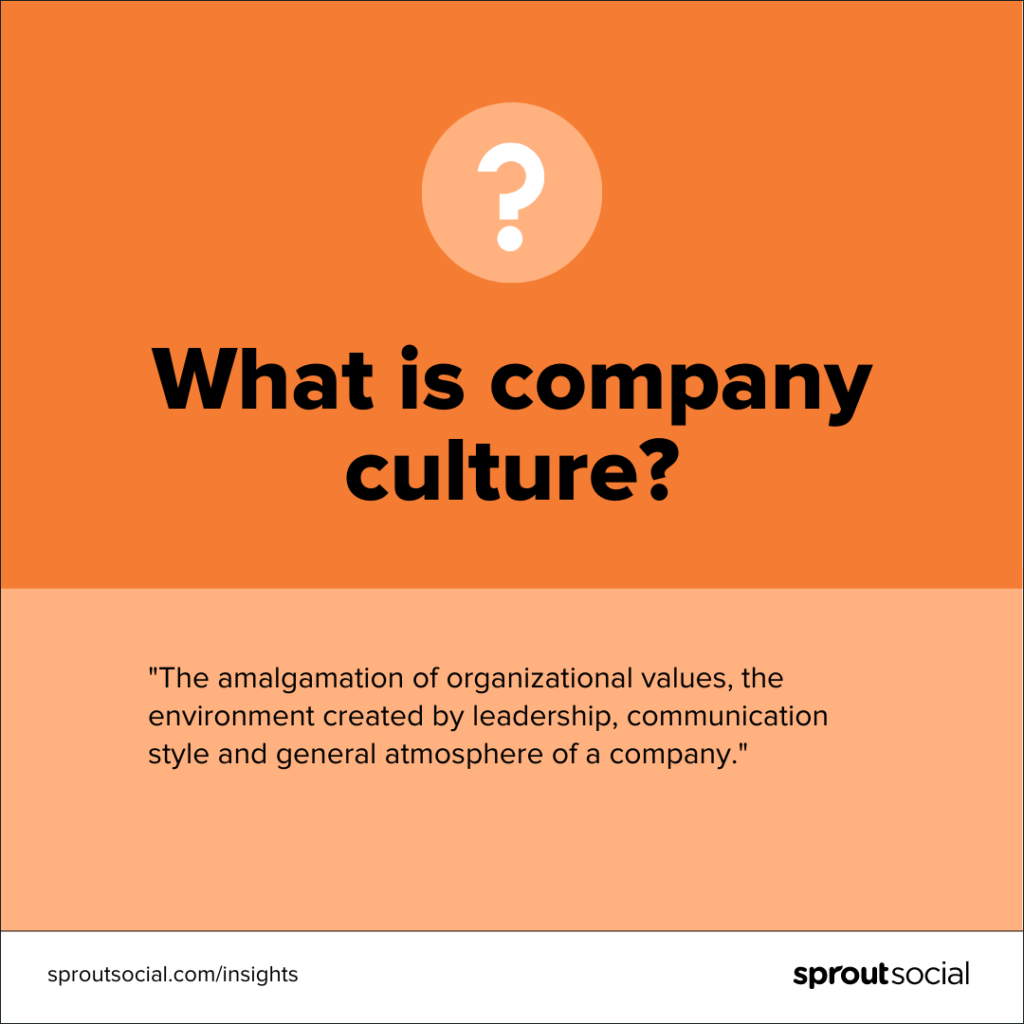 An orange graphic listing the definition of company culture as the amalgamation of organizational values, the environment created by leadership, communication style and general atmosphere of a company.