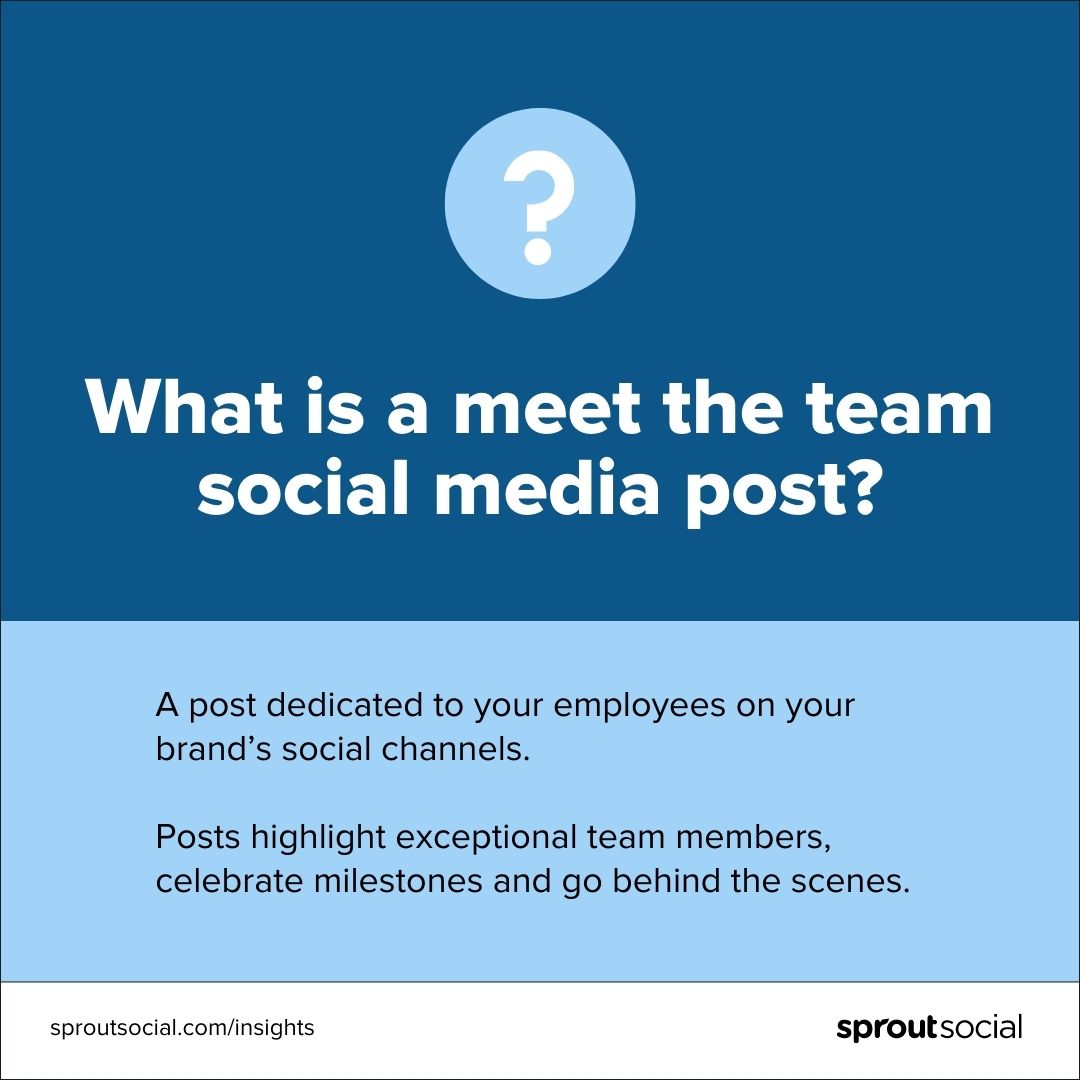 A data visualization that defines meet the team social media posts as posts dedicated to your employees on your brand's social channels.