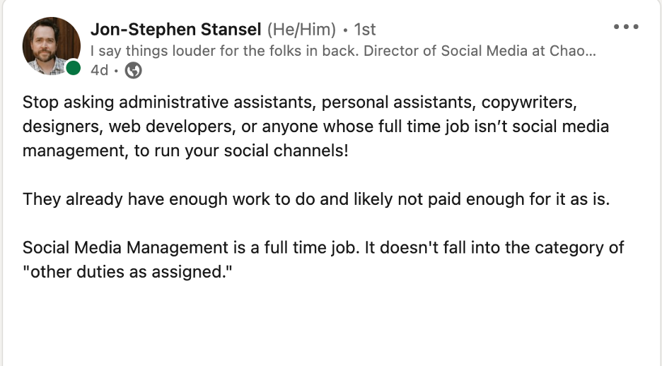 A LinkedIn post discussing social media manager responsibilities