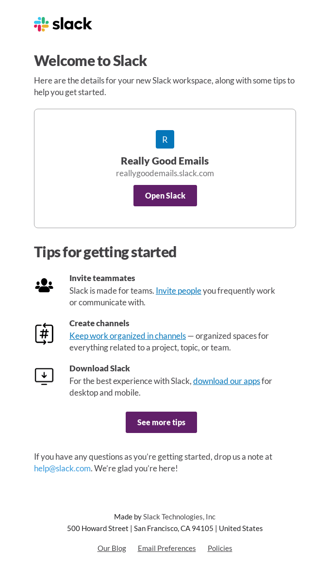 A welcome email marketing template from Slack
