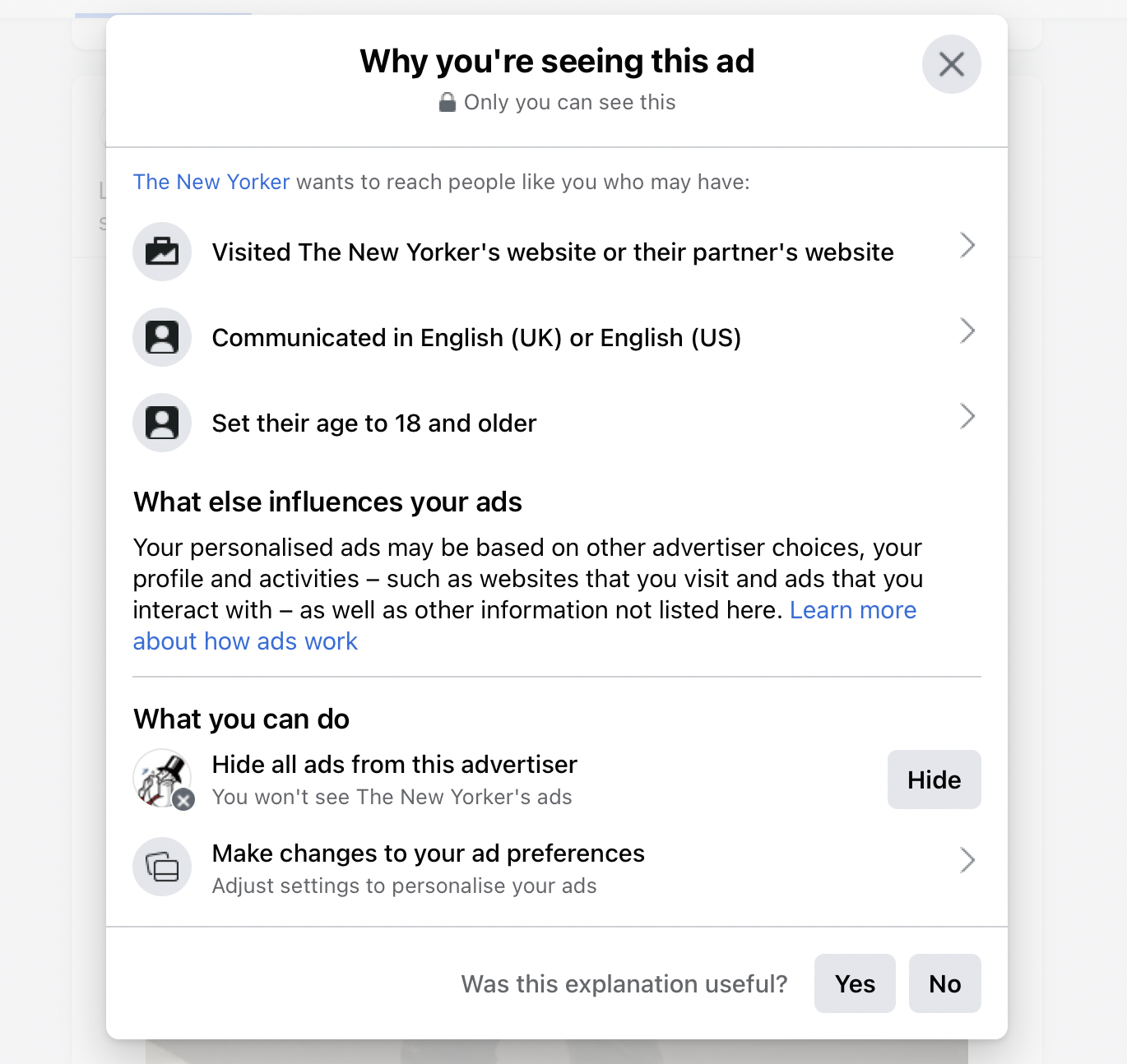 The "why you're seeing this ad" listing reasons why the user is seeing an ad from The New Yorker