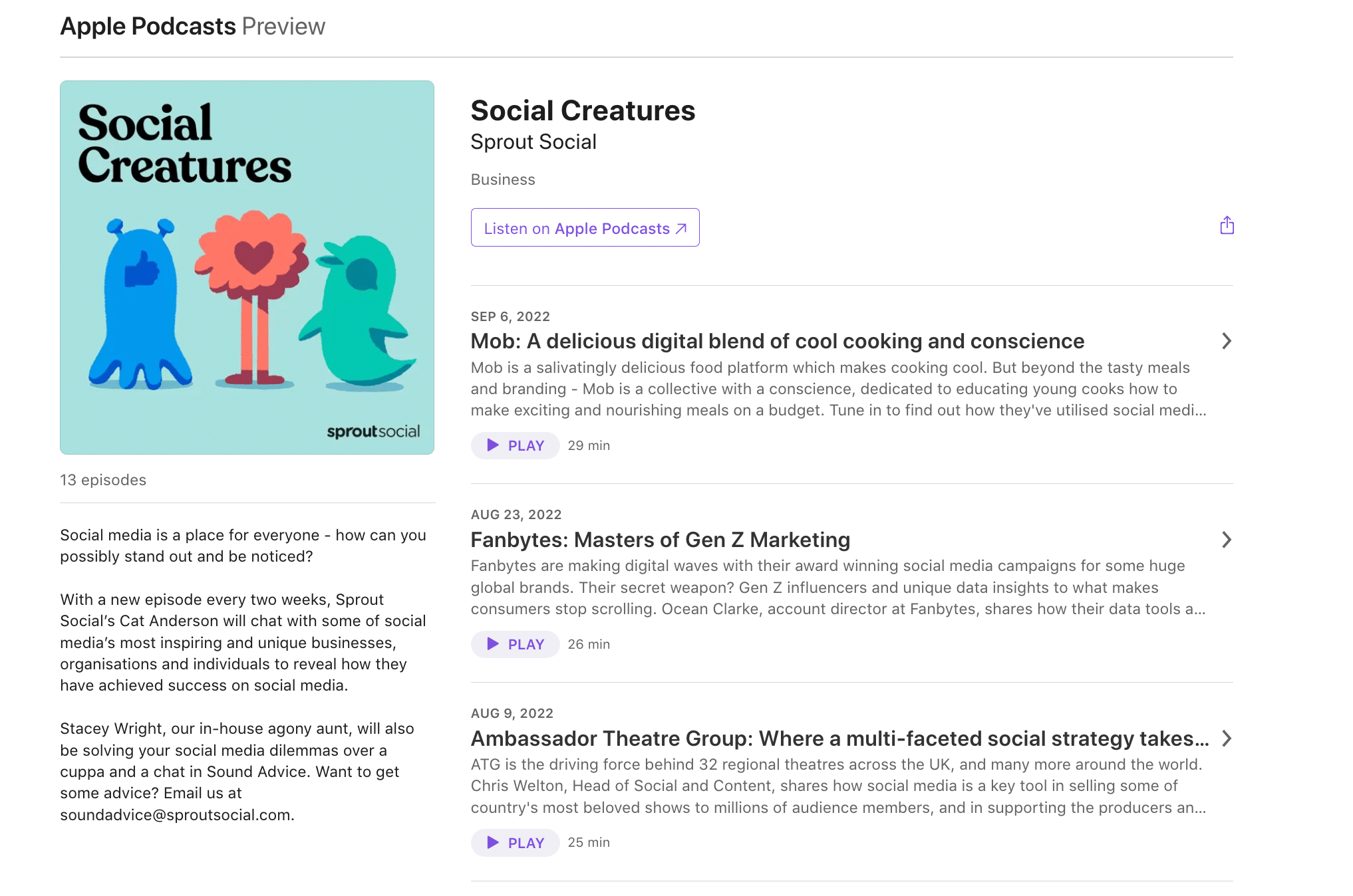Sprout Social Creatures podcast preview on Apple Podcasts. In the screenshot, three of our most recent episode names and descriptions are visible.