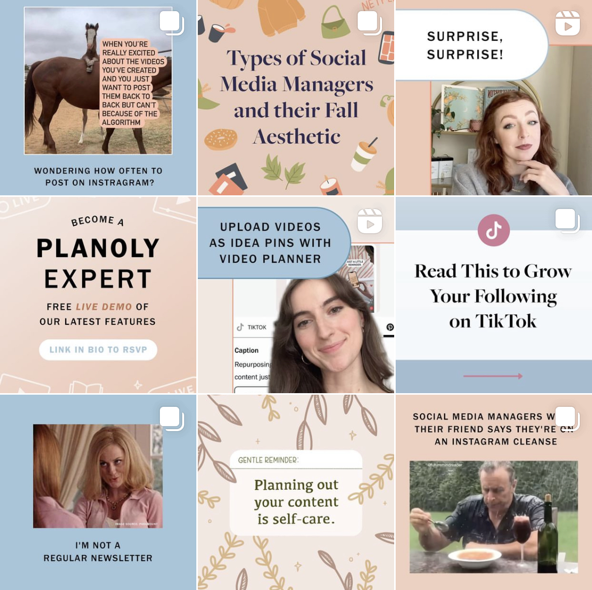 Screenshot of Planoly's Instagram grid, showcasing 9 squares of various Instagram templates.