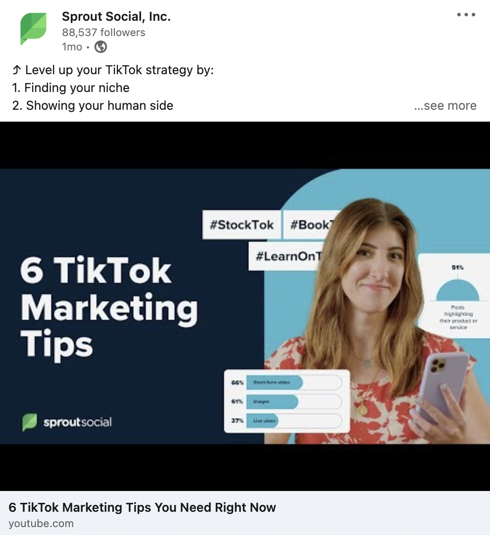 A screenshot of a Sprout LinkedIn post featuring a Sprout YouTube video